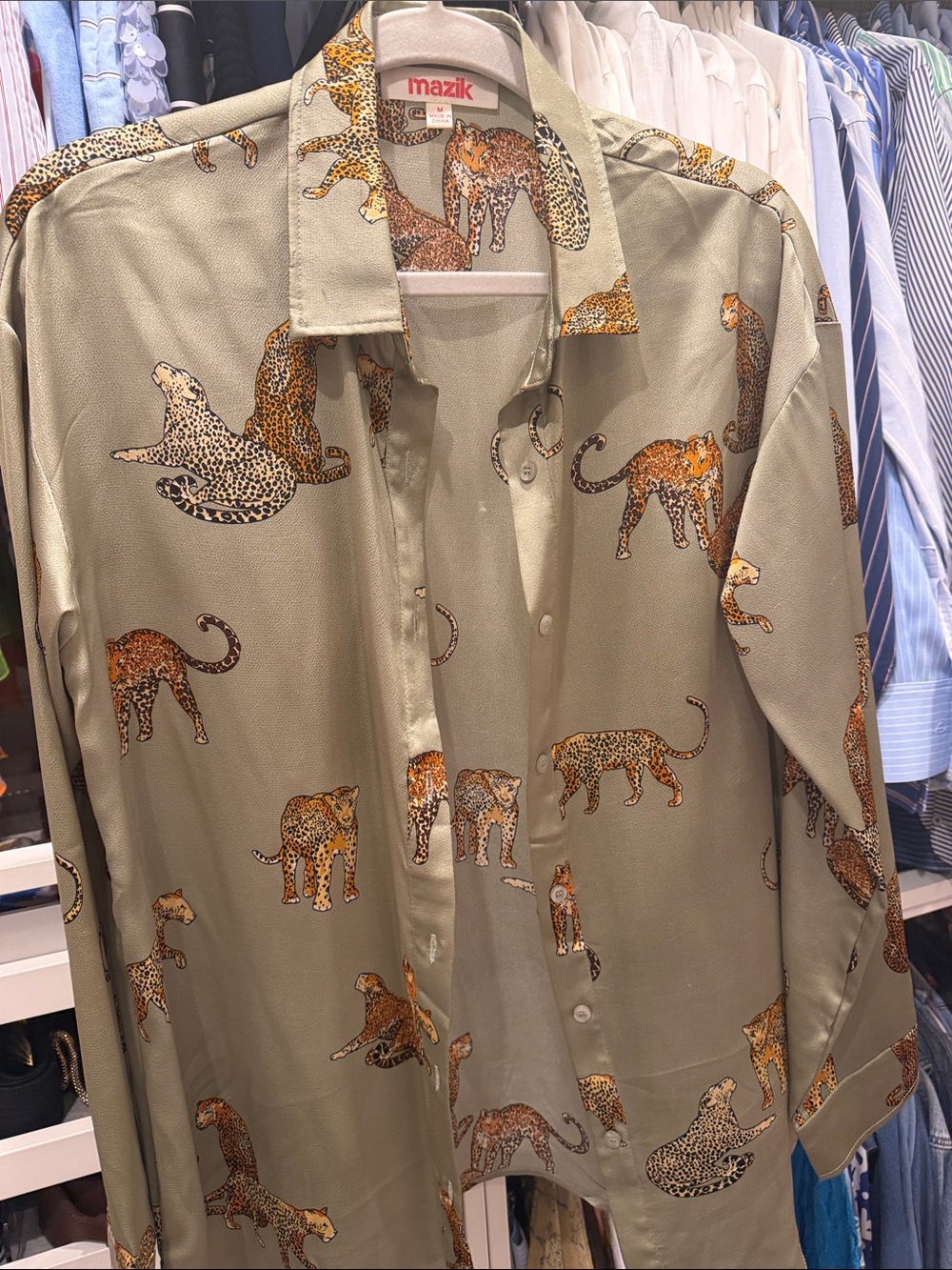 Mazik Olive Button-Up Shirt with Leopard Motif